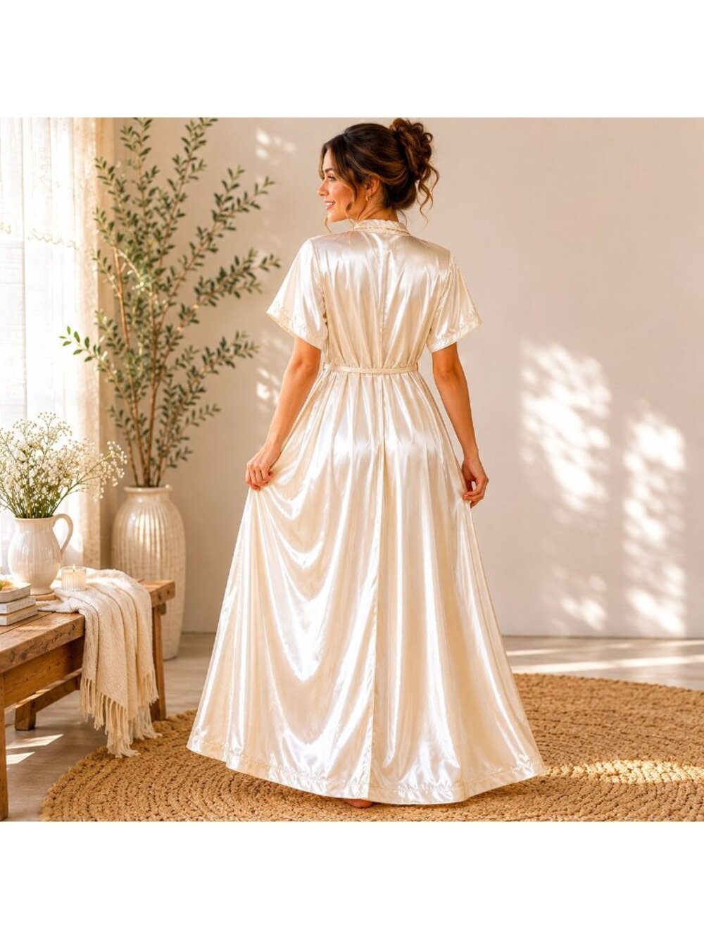 Vintage Miss Elaine White Satin Long Robe Luxury USA Braid Trim Tie Belt Bridal